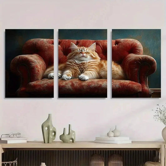 3pcs Playful Orange & White Cat on Plush Metal Print Ready to Hang Art
