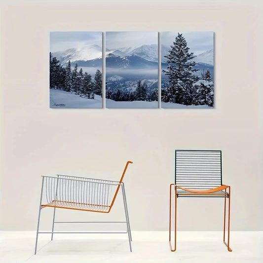 3pcs Snow Covered Mountain Pine Trees & Misty Metal Print Ready to Hang Art