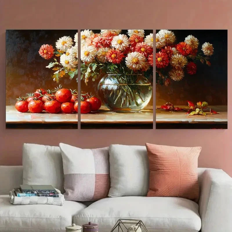 3pcs Chrysanthemums in a Glass Vase with Tomato Wall Art Set Canvas Framed 60x90cm - High Quality Print 100% Australian Made Wall Canvas Ready to Hang