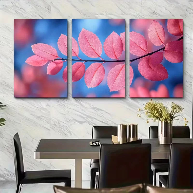 3pcs Pink Leaves Against Bright Blue Sky Metal Print Ready to Hang Art