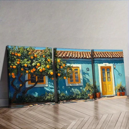 3pcs Orange Tree In Front Of A Blue House Wall Art Canvas Unframed - High Quality Print 100% Australian Made Wall Canvas