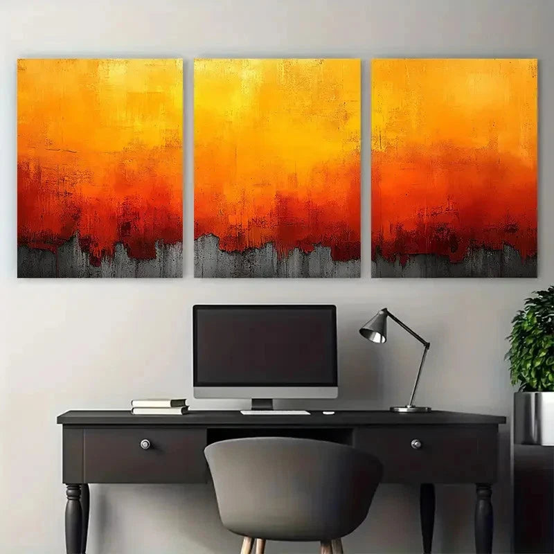 3pcs Abstract Orange Yellow odern Grunge Design Metal Print Ready to Hang Art
