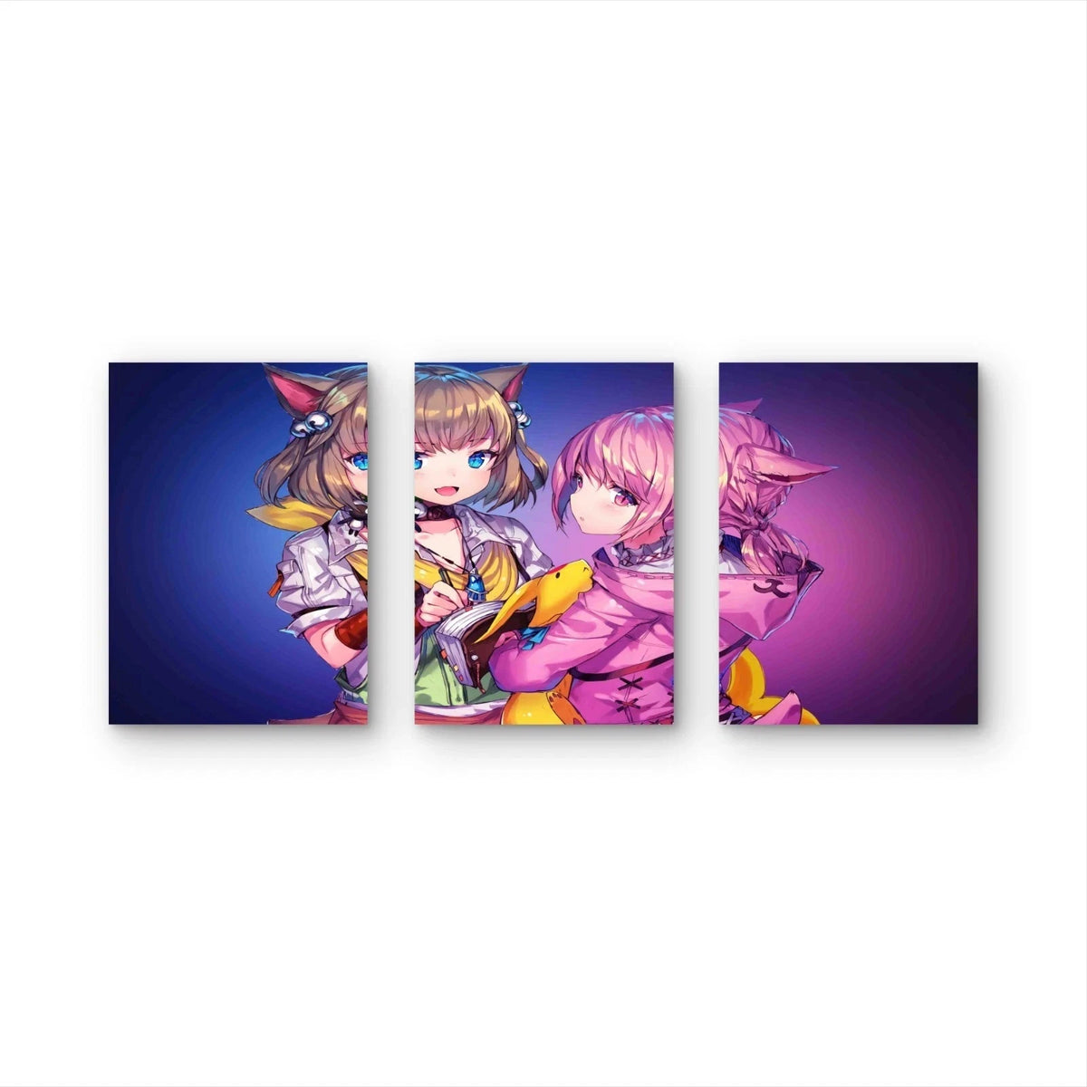 3pcs Kawaii Feline Pastel Violet Wall Art Set Canvas Framed 40x60cm - High Quality Print 100% Australian Made Wall Canvas Ready to Hang