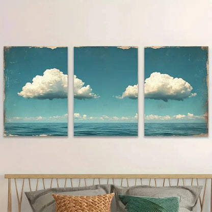 3pcs Distressed Blue Sky & Fluffy Clouds Metal Print Ready to Hang Art