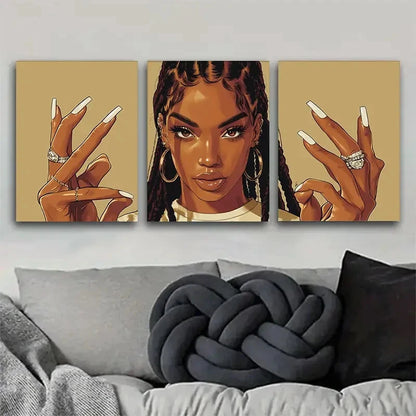 3pcs African American Girl with Long Nails Metal Print Ready to Hang Art