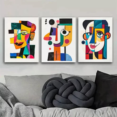 3pcs Vibrant Cubist-Style Face Triptych Wall Art Set Canvas Framed 60x90cm - High Quality Print 100% Australian Made Wall Canvas Ready to Hang