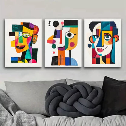 3pcs Vibrant Cubist-Style Face Triptych Wall Art Set Canvas Framed 60x90cm - High Quality Print 100% Australian Made Wall Canvas Ready to Hang