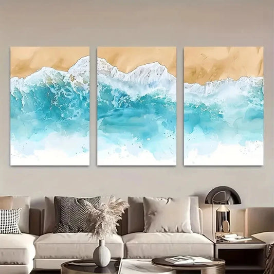 3pcs Vibrant Tropical Beach Watercolors Ocean Wave Metal Print Ready to Hang Art