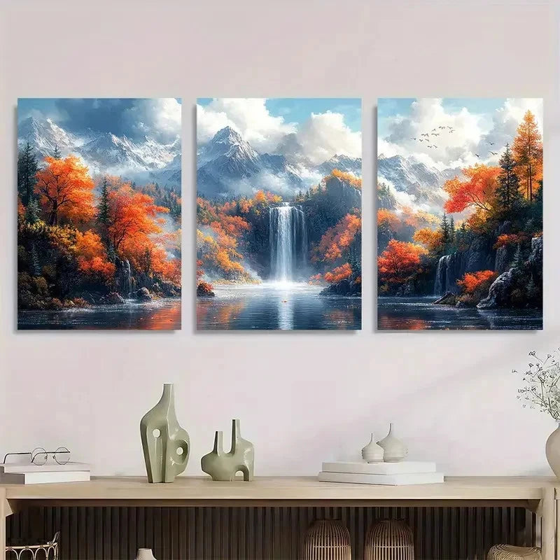 3pcs Vibrant Forest Waterfall & Misty Peaks Scene Metal Print Ready to Hang Art