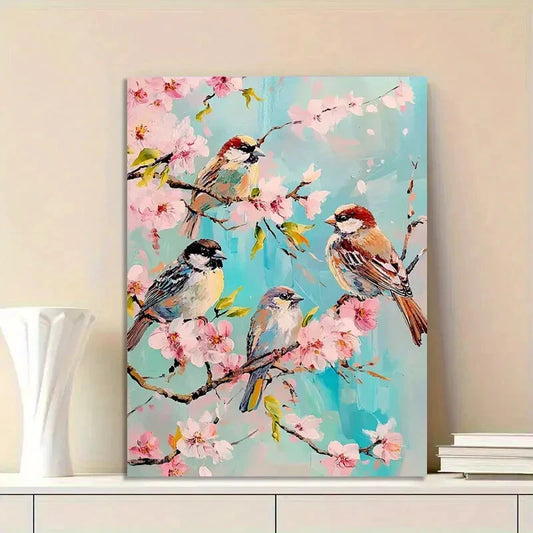 Sparrows Perched on Cherry Blossoms Painting 40x60cm Metal Print Ready to Hang