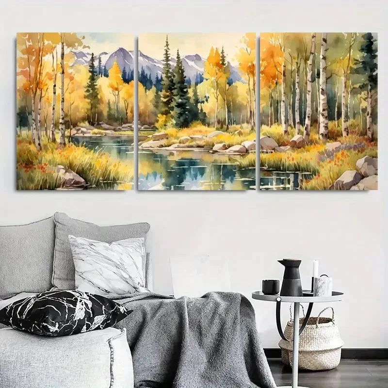 3pcs Tranquil River with Rocky Mountains Metal Print Ready to Hang Art