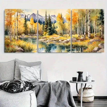 3pcs Tranquil River with Rocky Mountains Metal Print Ready to Hang Art