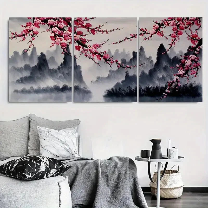 3pcs Misty Mountain Cherry Blossom Wall Art Set Canvas Framed 40x60cm - High Quality Print 100% Australian Made Wall Canvas Ready to Hang