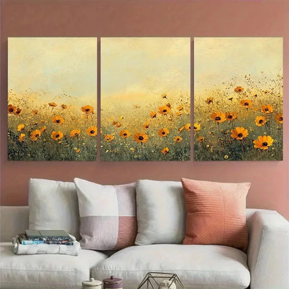 3pcs Field of Golden Vintage Wildflower Field Wall Art Set Canvas Framed 50x70cm - High Quality Print 100% Australian Made Wall Canvas Ready to Hang
