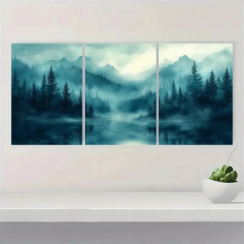 3pcs Foggy Forest Landscape Watercolor Art Metal Print Ready to Hang Art