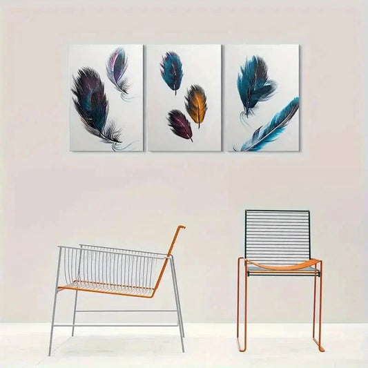 3pcs Abstract Modern Feather Colourful Metal Print Ready to Hang Art