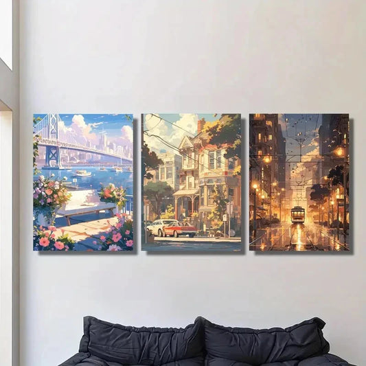 3pcs City Scenery in Animation, Metal Print Ready to Hang Art