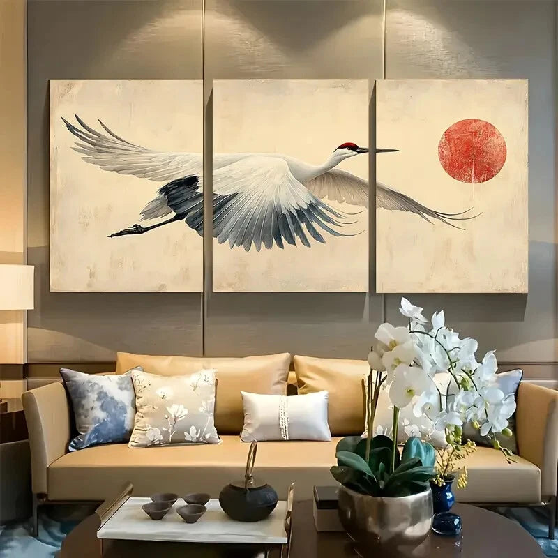 3pcs Japanese Crane & Moonlit Flight Metal Print Ready to Hang Art