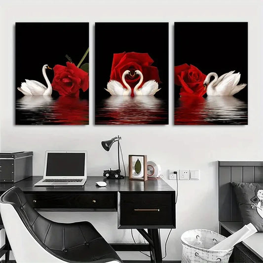 3pcs Romantic Swan and Red Rose Red and Black Metal Print Ready to Hang Art