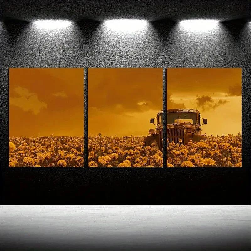 3pcs Rustic Trucks Half Buried On The Grass Metal Print Ready to Hang Art