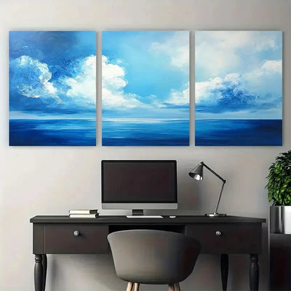 3pcs Large Cloud Painting Blue Sea Illustration Wall Art Set Canvas Framed 40x60cm - High Quality Print 100% Australian Made Wall Canvas Ready to Hang