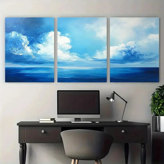 3pcs Large Cloud Painting Blue Sea Illustration Wall Art Set Canvas Framed 40x60cm - High Quality Print 100% Australian Made Wall Canvas Ready to Hang