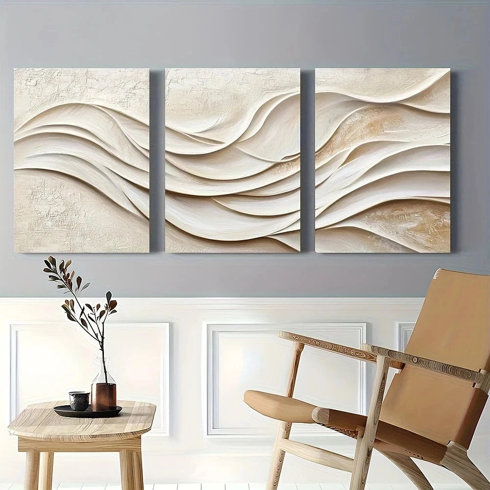 3pcs Abstract Wave White and Beige Design Texture Metal Print Ready to Hang Art