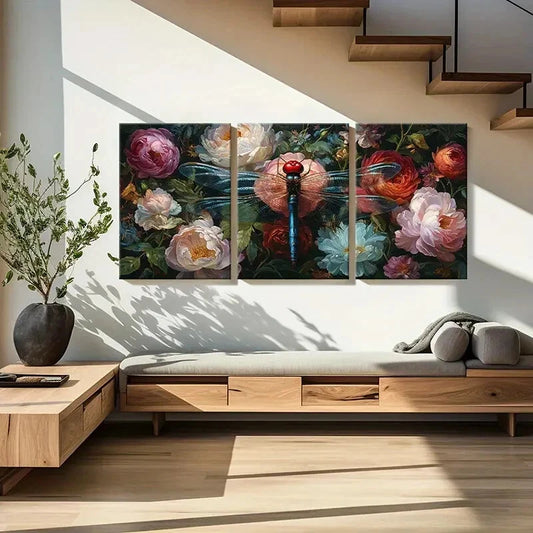 3pcs Vibrant Artistic Dragonfly Floral Garden Metal Print Ready to Hang Art