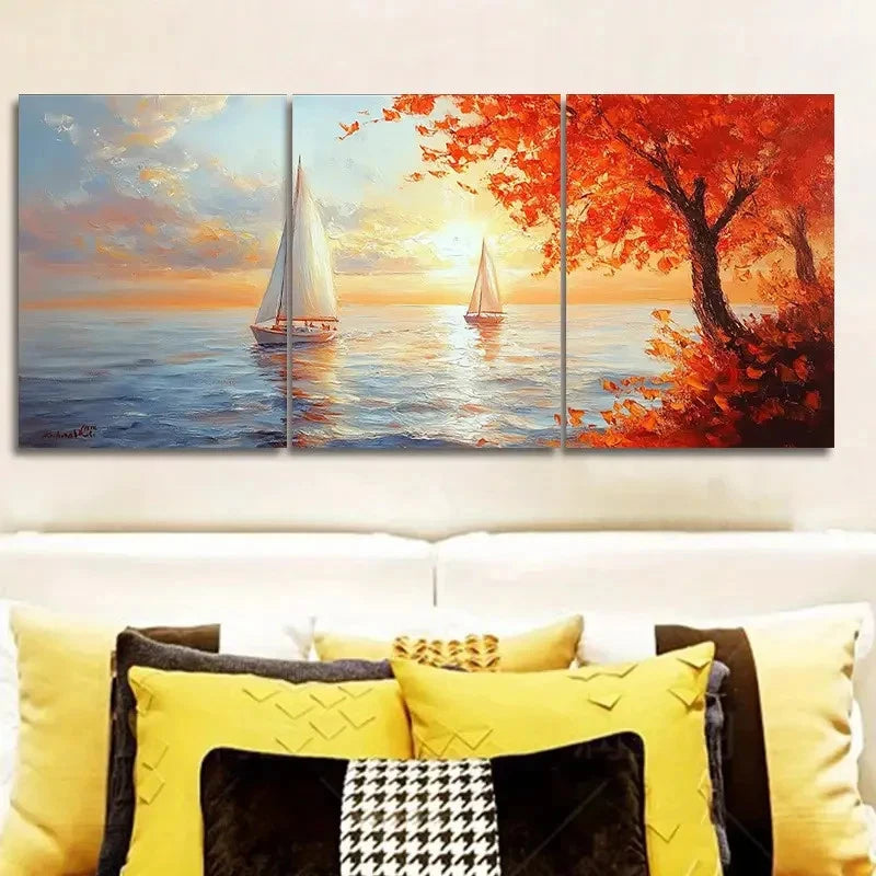 3pcs Serene Sailboat Sunset Wall Art Set Canvas Framed 60x90cm - High Quality Print 100% Australian Made Wall Canvas Ready to Hang