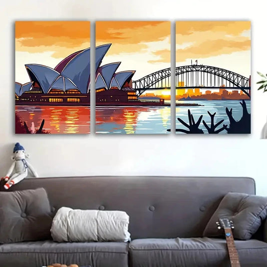 3pcs Sydney Harbour Evening Glow Wall Art Set Canvas Framed 60x90cm - High Quality Print 100% Australian Made Wall Canvas Ready to Hang
