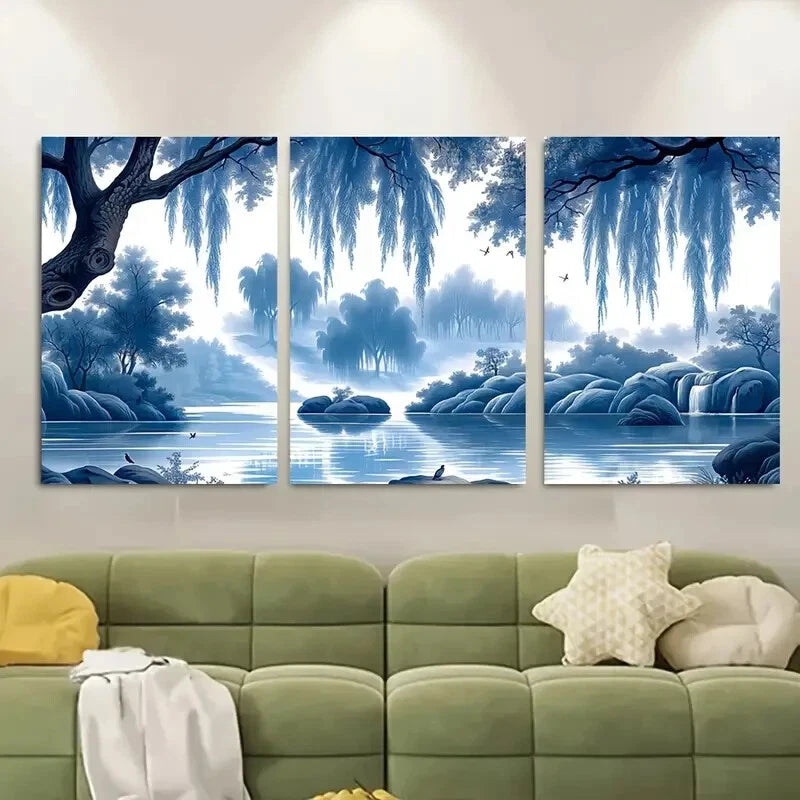 3pcs Willow Tree River Blue Chinoiserie Art Metal Print Ready to Hang Art