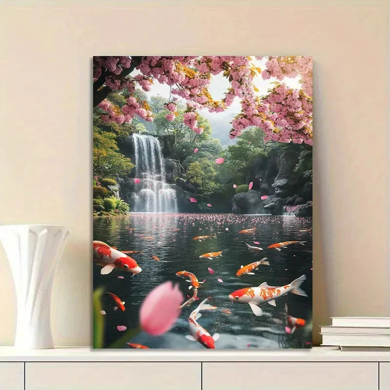 Beautiful Koi Pond with Cherry Blossoms Floating 40x60cm Metal Print Ready to Hang