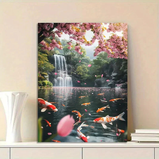 Beautiful Koi Pond with Cherry Blossoms Floating 40x60cm Metal Print Ready to Hang