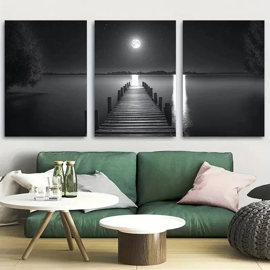 3pcs Tranquil Lake Night Scene Metal Print Ready to Hang Art