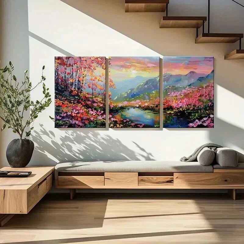 3pcs Mountain Landscape Colorful Trees Serene  Wall Art Set Canvas Framed 50x70cm - High Quality Print 100% Australian Made Wall Canvas Ready to Hang