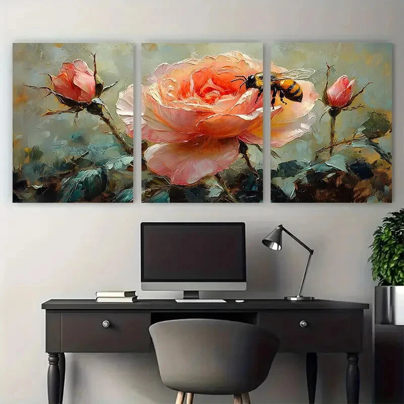 3pcs Vibrant Rose Flowers with Honeybee Design Metal Print Ready to Hang Art