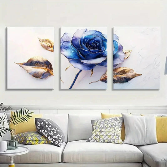 3pcs Blue Rose Elegant Golden Leaf Floral Metal Print Ready to Hang Art