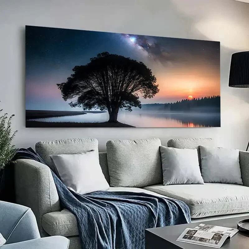 Full Moon & Tree Lake Sky wall canvas office home room framed 120x60cm - Bella Home Decor