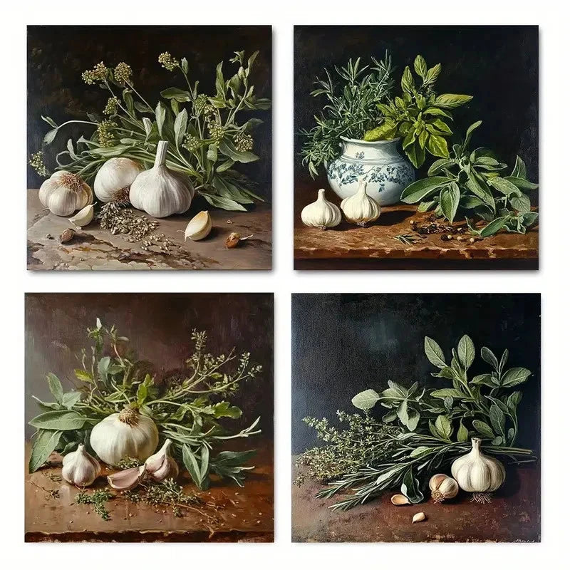 4pcs Herbs And Garlic Still Life Wall Art Canvas Framed