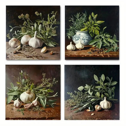 4pcs Herbs And Garlic Still Life Wall Art Canvas Framed