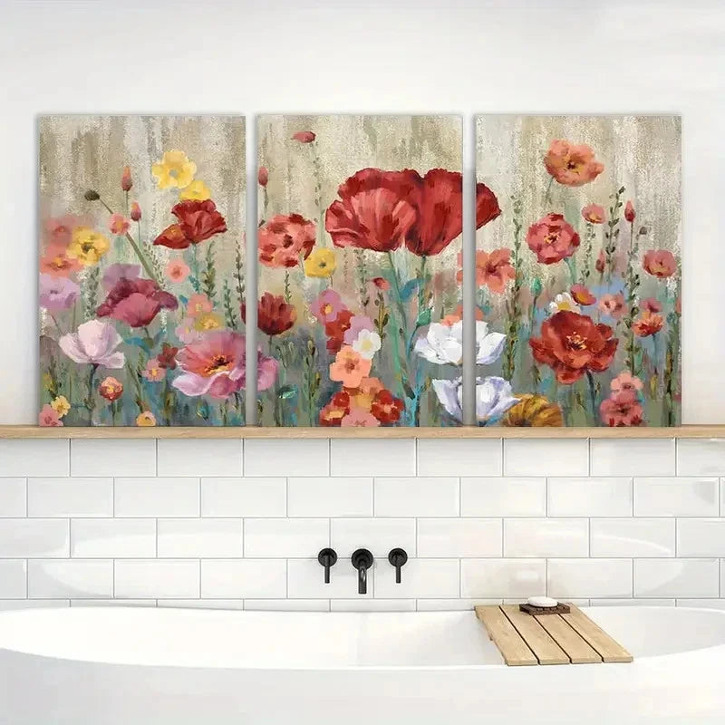 3pcs Elegant Floral Red Yellow Pink Blossom Metal Print Ready to Hang Art