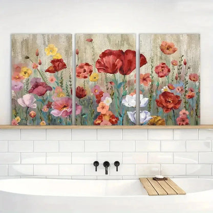 3pcs Elegant Floral Red Yellow Pink Blossom Metal Print Ready to Hang Art