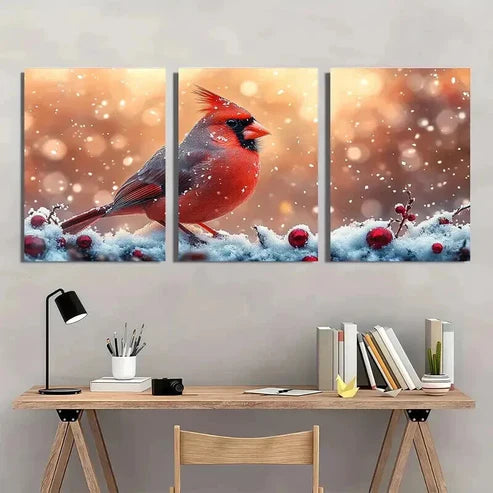 3pcs Vibrant Cardinal in Snowflakes & Berries Wall Art Set Canvas Unframed - High Quality Print 100% Australian Made Wall Canvas