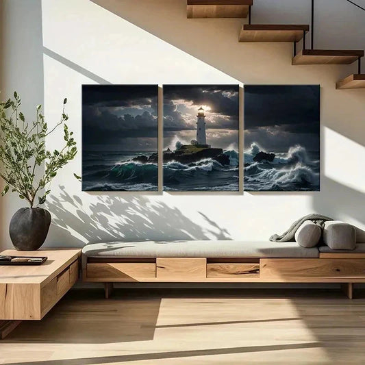 3pcs Sea Lighthouse Wave Island Vintage Wall Art Set Canvas Framed 40x60cm - High Quality Print 100% Australian Made Wall Canvas Ready to Hang