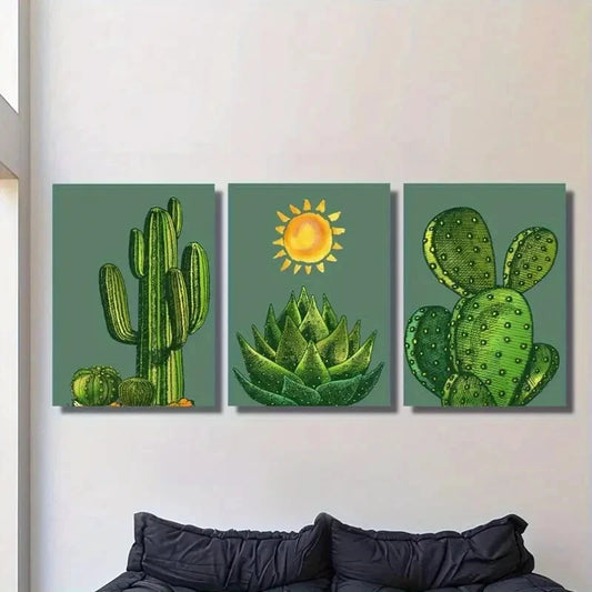 3pcs Green Saguaro & Prickly Pear Designs Metal Print Ready to Hang Art