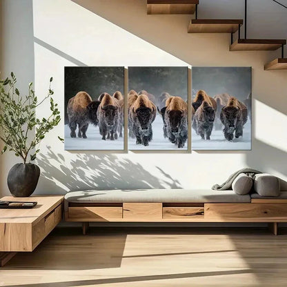 3pcs Winter Bison Herd Snow Landscape Photography Metal Print Ready to Hang Art