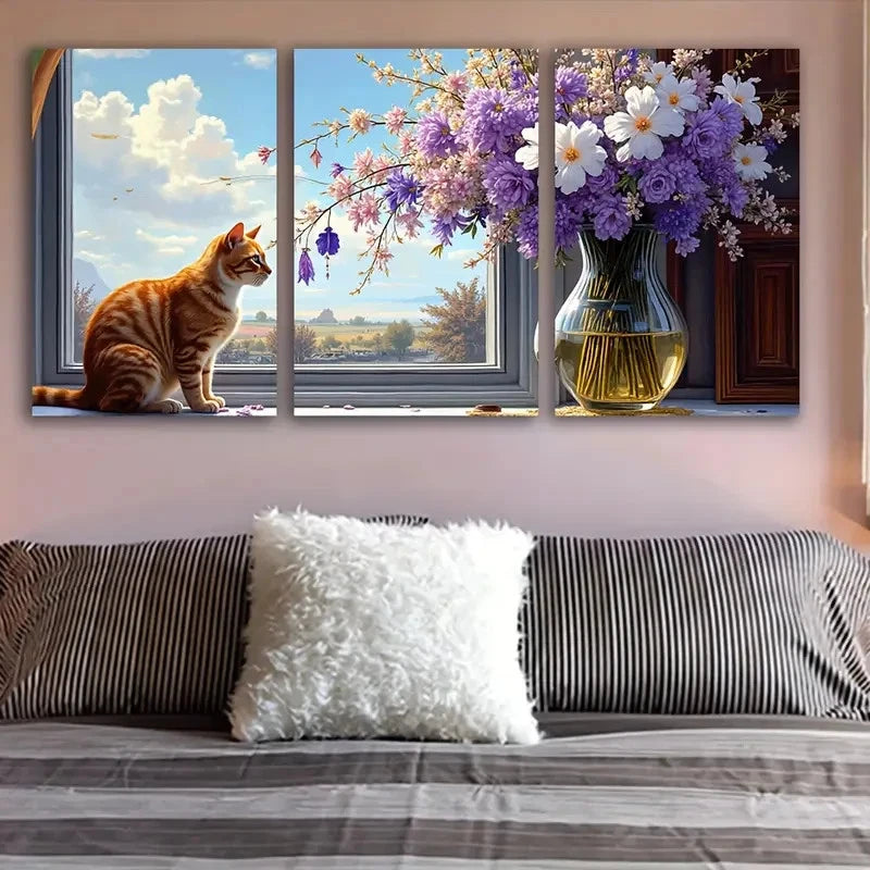3pcs Cat Sitting On Chair Painting Wall Art Set Canvas Framed 50x70cm - High Quality Print 100% Australian Made Wall Canvas Ready to Hang