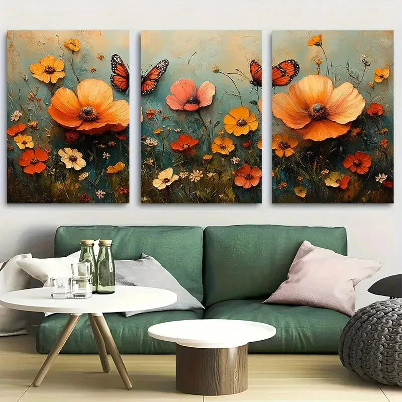 3pcs Vibrant Butterfly Wildflower Meadow Metal Print Ready to Hang Art
