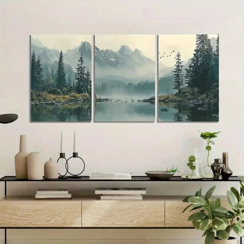 3pcs Serene Lake Surrounded by Pine Trees Metal Print Ready to Hang Art