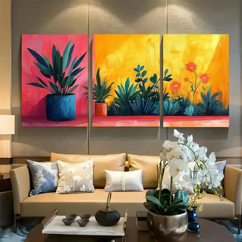 3pcs Vibrant Danish Pastel Plant & Flower Design Metal Print Ready to Hang Art